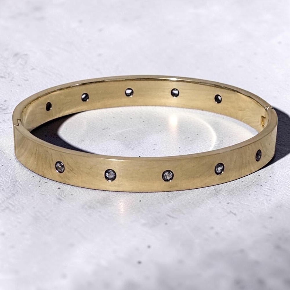 Milor Gold Tone Stainless Steel Crystal Bangle Bracelet Hinged Cuff Italy Style